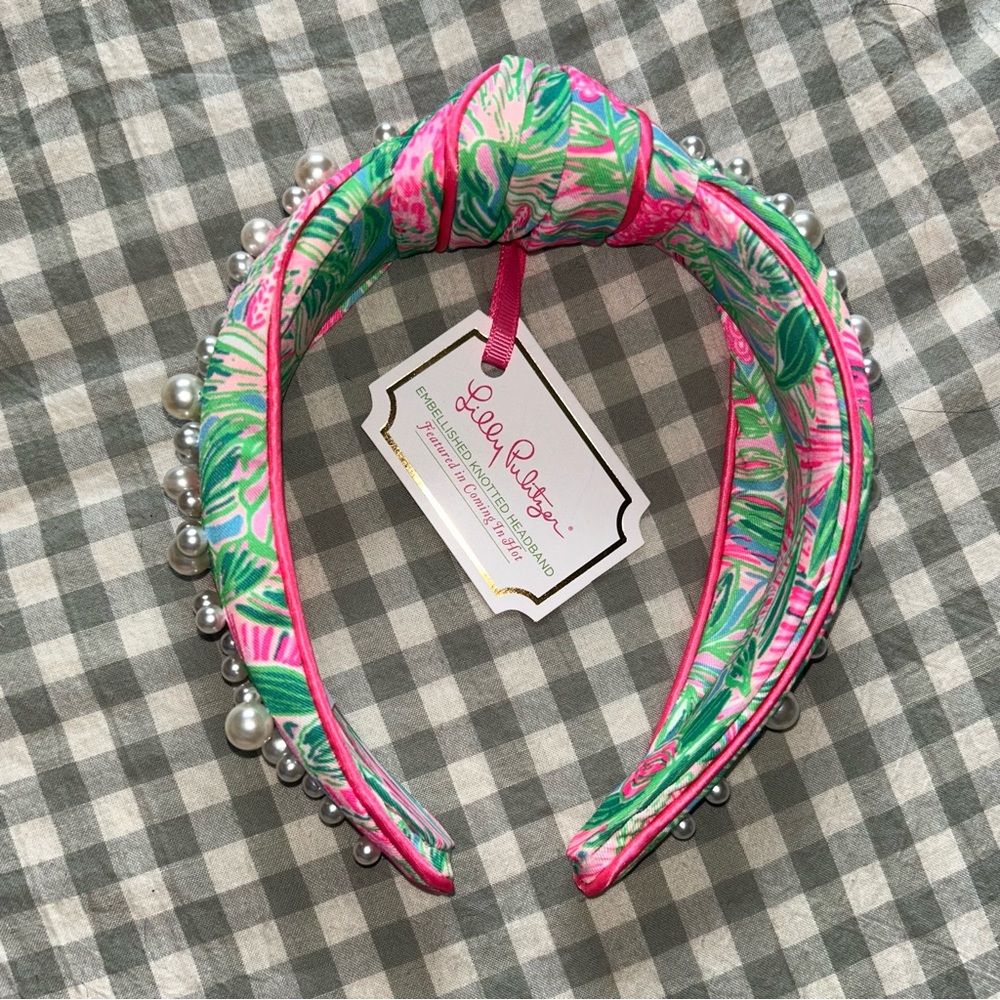 Lilly Pulitzer Tropical Pink and Green Headband with Pearls